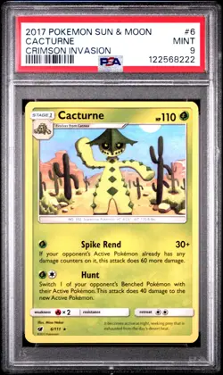 2017 POKEMON SUN & MOON CRIMSON INVASION #6 CACTURNE PSA 9 - Image 1
