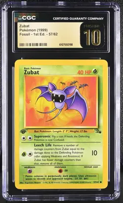 CGC PRISTINE 10 Pokemon Zubat 57/62 1999 Fossil 1st Edition - Image 1