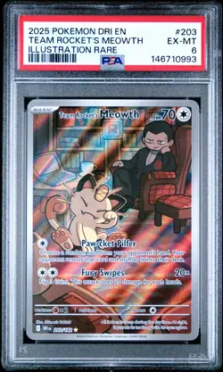 2025 POKEMON DRI EN-DESTINED RIVALS ILLUSTRATION RARE TEAM ROCKET'S MEOWTH PSA 6 - Image 1