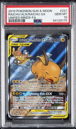 2019 POKEMON SUN & MOON UNIFIED MINDS FULL ART/RAICHU & ALOLAN RAICHU GX PSA 10 - Image 1