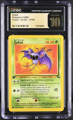 CGC PRISTINE 10 Pokemon Zubat 57/62 1999 Fossil 1st Edition - Image 1