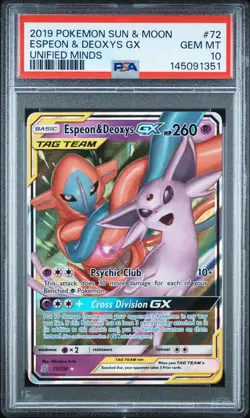 2019 Pokemon Sun & Moon Unified Minds #72 Espeon & Deoxys GX PSA 10 GEM MINT - Image 1