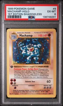 1999 POKEMON BASE SET 1ST EDITION-SHADOWLESS #8 MACHAMP-HOLO PSA 6 - Image 1