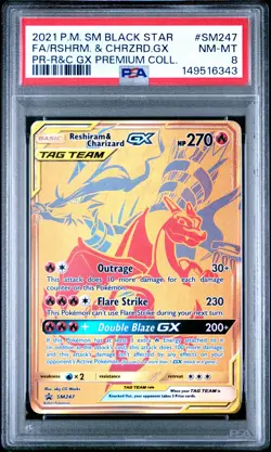 2021 POKEMON SM PREMIUM COLLECTION #SM247 FULL ART/RESHIRAM & CHARIZARD GX PSA 8 - Image 1