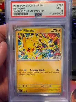 2025 POKEMON SVP EN-SV BLACK STAR PROMO WORLD CHAMPIONSHIPS #225 PIKACHU PSA 9 - Image 1