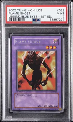 2002 YU-GI-OH! LOB-LEGEND OF BLUE EYES WHITE DRAGON 1ST ED FLAME GHOST PSA 9 - Image 1