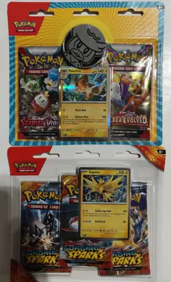 Pokemon Surging Sparks Zapados 3 Pack Blister & Paldea Evolved Pawmot 2 Pack Lot - Image 1