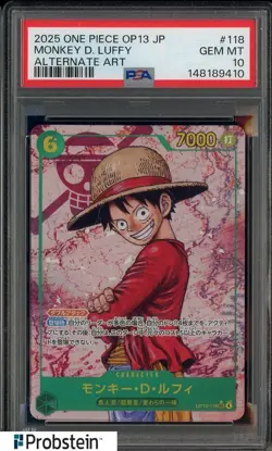 2025 One Piece OP13 Japanese Alternate Art #118 Monkey D. Luffy PSA 10 GEM MINT - Image 1
