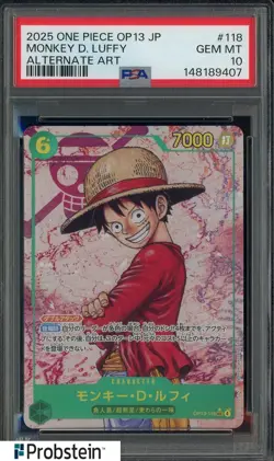 2025 One Piece OP13 Japanese Alternate Art #118 Monkey D. Luffy PSA 10 GEM MINT - Image 1