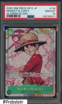 2025 One Piece OP13 Japanese Alternate Art #118 Monkey D. Luffy PSA 10 GEM MINT - Image 1