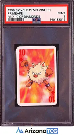 Pokemon 1999 Primeape Red 10 Of Diamonds Bicycle PKMN Mini Playing Cards PSA 9 - Image 1