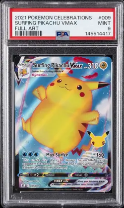 2021 POKEMON CELEBRATIONS #009 FULL ART/SURFING PIKACHU VMAX PSA 9 - Image 1