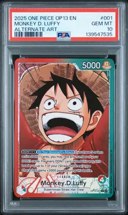 One Piece CCG Monkey D Luffy Alt Art Leader Anniversary Holo PSA 10 Gem Mint - Image 1