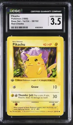 CGC 3.5 Pikachu 58/102 Red Cheeks Base Set 1st Edition Shadowless Pokemon Card - Image 1