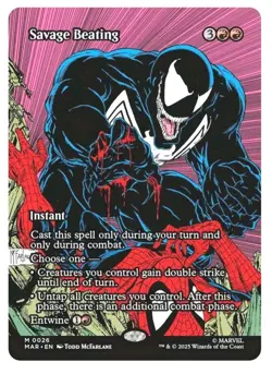 1x MTG Savage Beating *Borderless* Spiderman Rare! NM Mint - Image 1