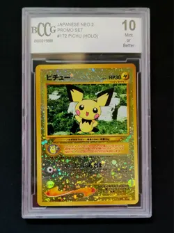 Pokemon Japanese Pichu Promo No. 172 BCCG 10 MINT Vintage Reverse Holo Rare 2000 - Image 1