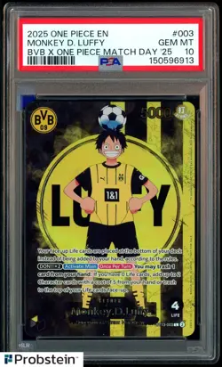 2025 ONE PIECE PROMOS BVB X ONE PIECE MATCH DAY 2025 #003 MONKEY D. LUFFY PSA 10 - Image 1