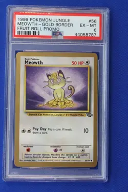 1999 Pokemon Jungle MEOWTH Card #56 GOLD BORDER PSA EX MT 6 FRUIT ROLL PROMO TCG - Image 1