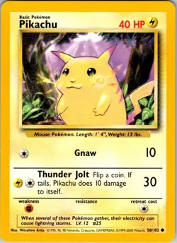 Pikachu 58/102 Common Base Set Unlimited Pokemon Lightly Played - Image 1