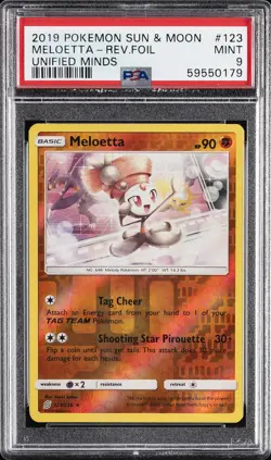 2019 POKEMON SUN & MOON UNIFIED MINDS #123 MELOETTA-REVERSE FOIL PSA 9 - Image 1