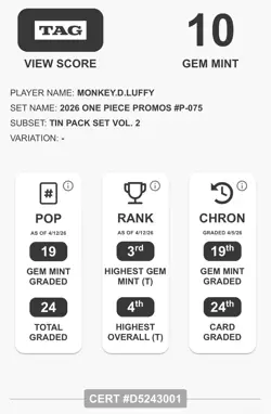 2026 One Piece Monkey D. Luffy #P-075 Tin Pack Set Vol.2 Promo Card TAG 10 💎 - Image 3