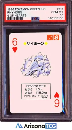 Pokemon 1996 Rhyhorn 111 6 Of Hearts Green Playing Card Japanese GEM MINT PSA 10 - Image 1