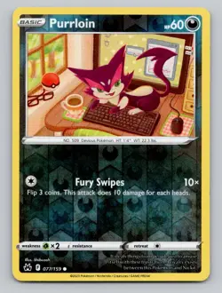 Reverse Holo Purrloin 077/159 Common Crown Zenith Pokemon - Image 1
