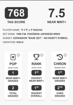 1996 Pokemon Japanese Base Set RAICHU Holo NO RARITY SYMBOL GRADED TAG 7.5 TCG - Image 3