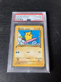 2000 Pokemon PSA 10 Pikachu World French Surfing Pikachu Promo Card - Image 1