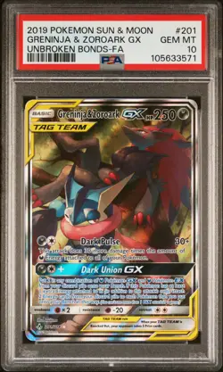 2019 POKEMON SUN & MOON UNBROKEN BONDS FULL ART/GRENINJA & ZOROARK GX PSA 10 - Image 1