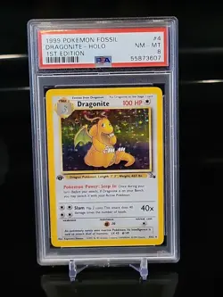 PSA 8! 1999 Pokemon Fossil 1st Edition Dragonite Holo 4/62 - Image 1