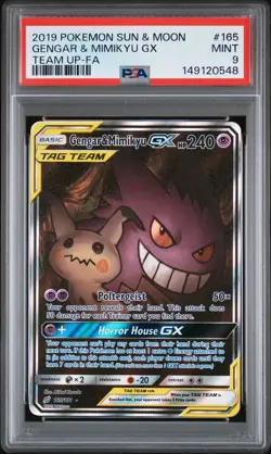 2019 POKEMON SUN & MOON TEAM UP #165 FULL ART/GENGAR & MIMIKYU GX PSA 9 - Image 1
