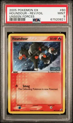 2005 POKEMON EX UNSEEN FORCES #60 HOUNDOUR-REVERSE FOIL PSA 9 Stamped - Image 1