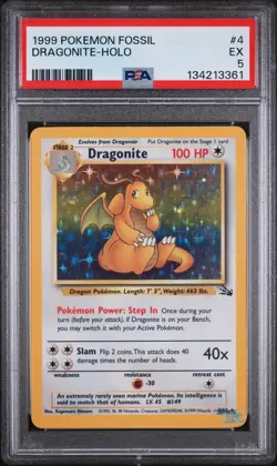 1999 POKEMON FOSSIL #4 DRAGONITE-HOLO PSA 5 - Image 1