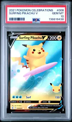 2021 POKEMON CELEBRATIONS #008 SURFING PIKACHU V PSA 10 - Image 1