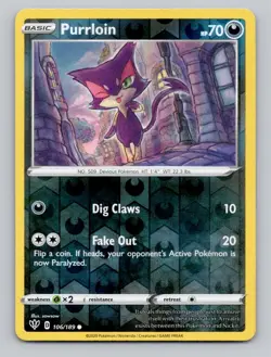 Reverse Holo Purrloin 106/189 Common Darkness Ablaze Pokemon - Image 1