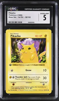 CGC 5 Pikachu 58/102 Base Set 1st Edition Shadowless Pokemon Card - Image 1