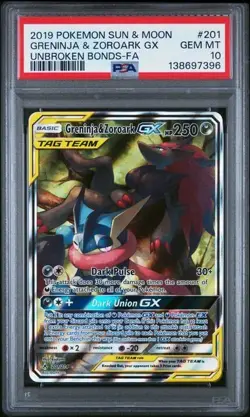 2019 POKEMON SUN & MOON UNBROKEN BONDS 201 FULL ART/GRENINJA & ZOROARK GX PSA 10 - Image 1