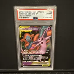 2019 POKEMON SUN & MOON ESPEON & DEOXYS GX UNIFIED MINDS PSA 8 - Image 1