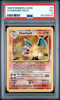 1999 POKEMON BASE SET UNLIMITED #4 CHARIZARD-HOLO PSA 3 - Image 1