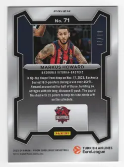 2023-24 Panini Prizm Euroleague #71 Markus Howard, Baskonia Gold Prizms – /10 - Image 2