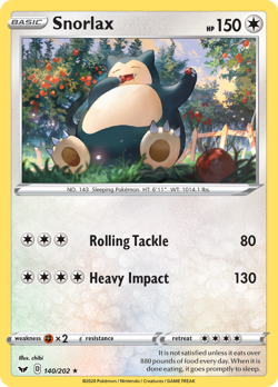 Snorlax 140/202 R Sword & Shield Pokemon Reverse Holo NM/M - Image 1