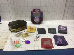 Pokemon Cards Lot, Mixed Set w/ Dice, Pins, Key Chain, pucks, & Tin. 105 cards. - Image 1