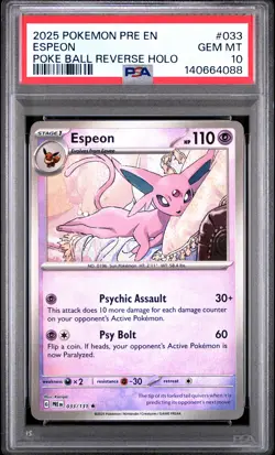 2025 POKEMON PRE EN-PRISMATIC EVOLUTIONS POKE BALL REVERSE HOLO ESPEON PSA 10 - Image 1
