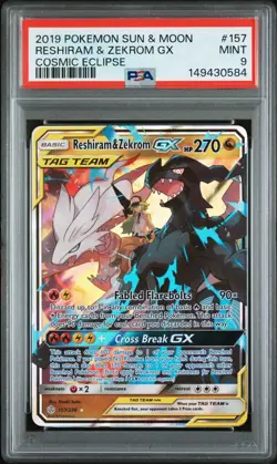2019 POKEMON SUN & MOON COSMIC ECLIPSE #157 RESHIRAM & ZEKROM GX PSA 9 - Image 1