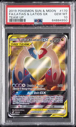 2019 POKEMON SUN & MOON TEAM UP #170 FULL ART/LATIAS & LATIOS GX PSA 10 - Image 1