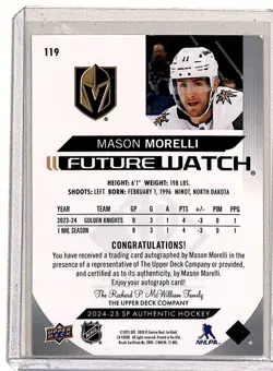 2024-25 SP Authentic Mason Morelli RC Auto 242/999 Vegas Golden Knights #119 - Image 2