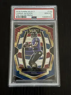 2018 PANINI SELECT LAMAR JACKSON TRI COLOR PRIZM RC PREMIER LEVEL /199 PSA 10 - Image 1