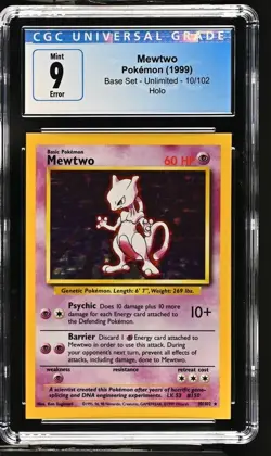 CGC 9 - 1999 Base Set Mewtwo 10/102 ERROR Square Cut HOLO Base Set Pokemon Card - Image 1