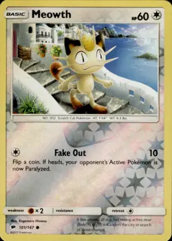 Pokemon TCG Reverse Holo Card Meowth SM - Burning Shadows 101/147 - Image 1